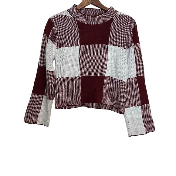 SHEIN Checkered Mock Neck Cropped Pullover Sweater Burgundy White Medium - Picture 3 of 10